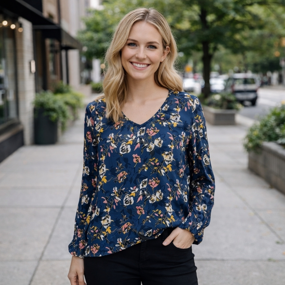 Women's Floral V-Neck Blouse - Navy